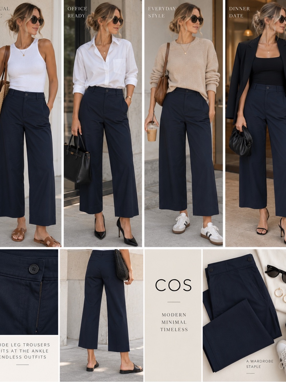 COS Women’s Size 6 Navy Wide Leg High Rise Trousers Minimalist Pants